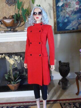 Valentino Red Virgin Wool Tweed Double Breasted Coat Size 6